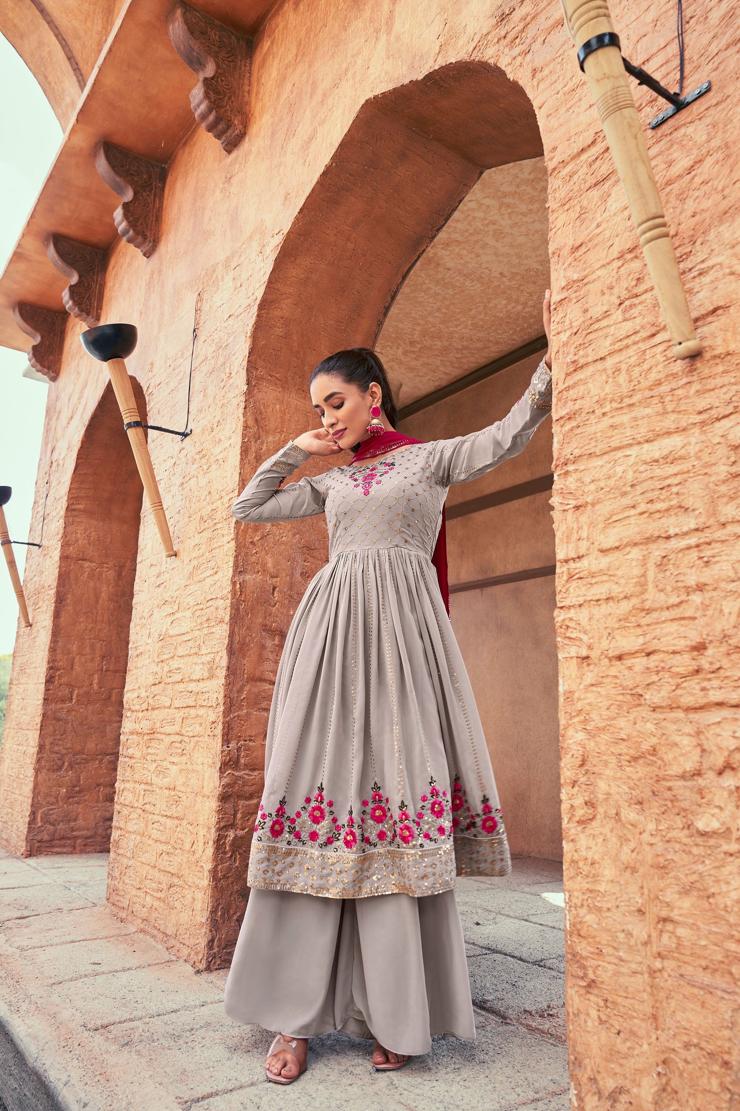 Grey Mirror Embroidery Georgette Kurta Set for Sangeet