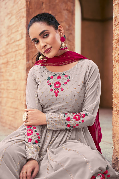 Grey Mirror Embroidery Georgette Kurta Set for Sangeet