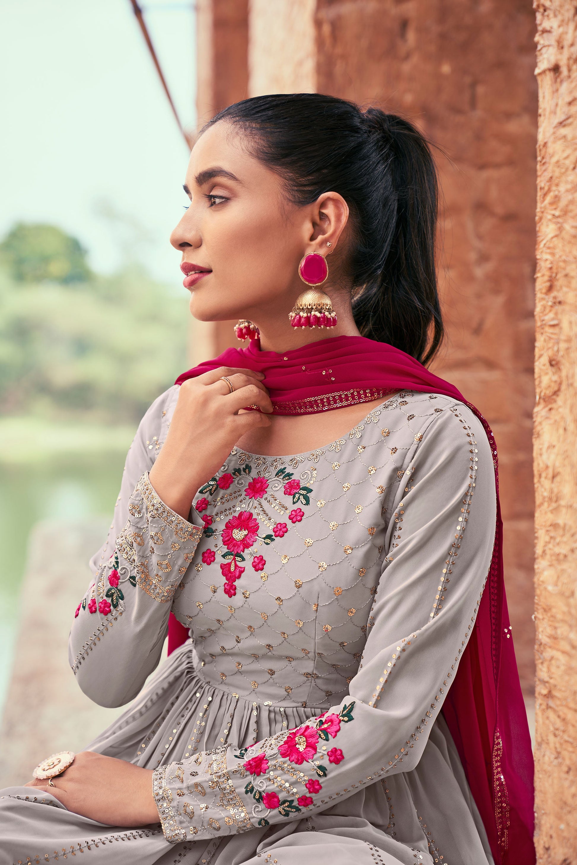 Grey Mirror Embroidery Georgette Kurta Set for Sangeet