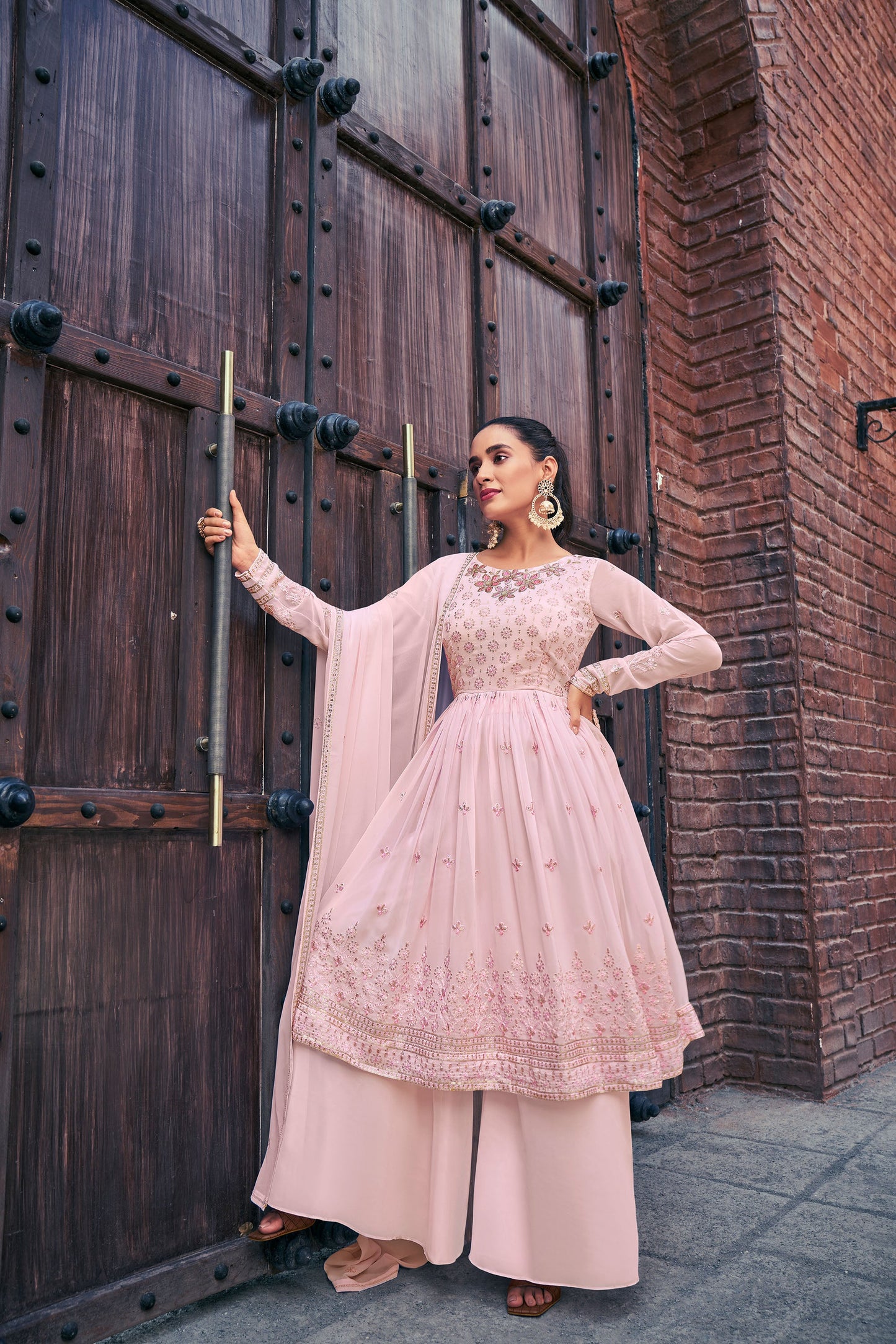 Baby Pink Mirror Embroidery Georgette Kurta Set for Sangeet