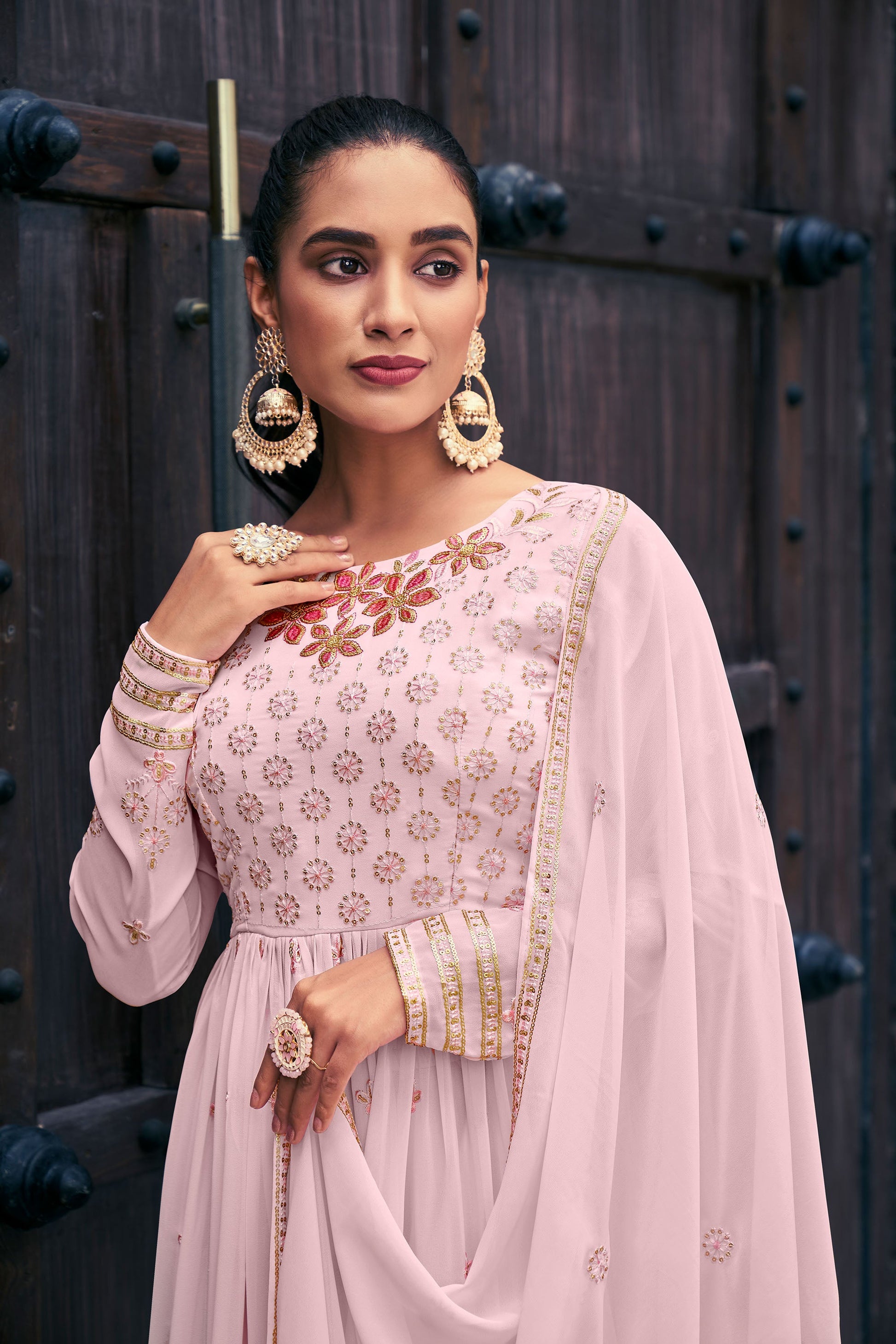 Baby Pink Mirror Embroidery Georgette Kurta Set for Sangeet