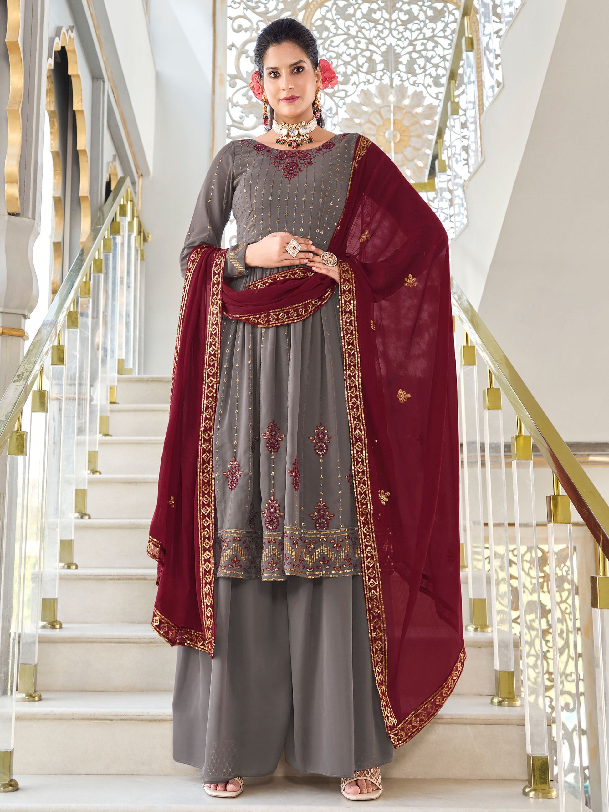 Grey Thread Embroidery Georgette Sharara for Mehendi