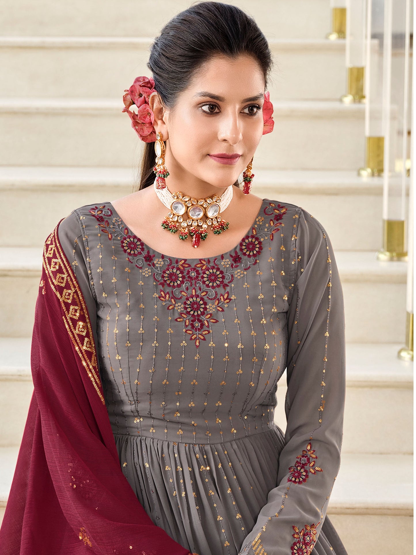 Grey Thread Embroidery Georgette Sharara for Mehendi