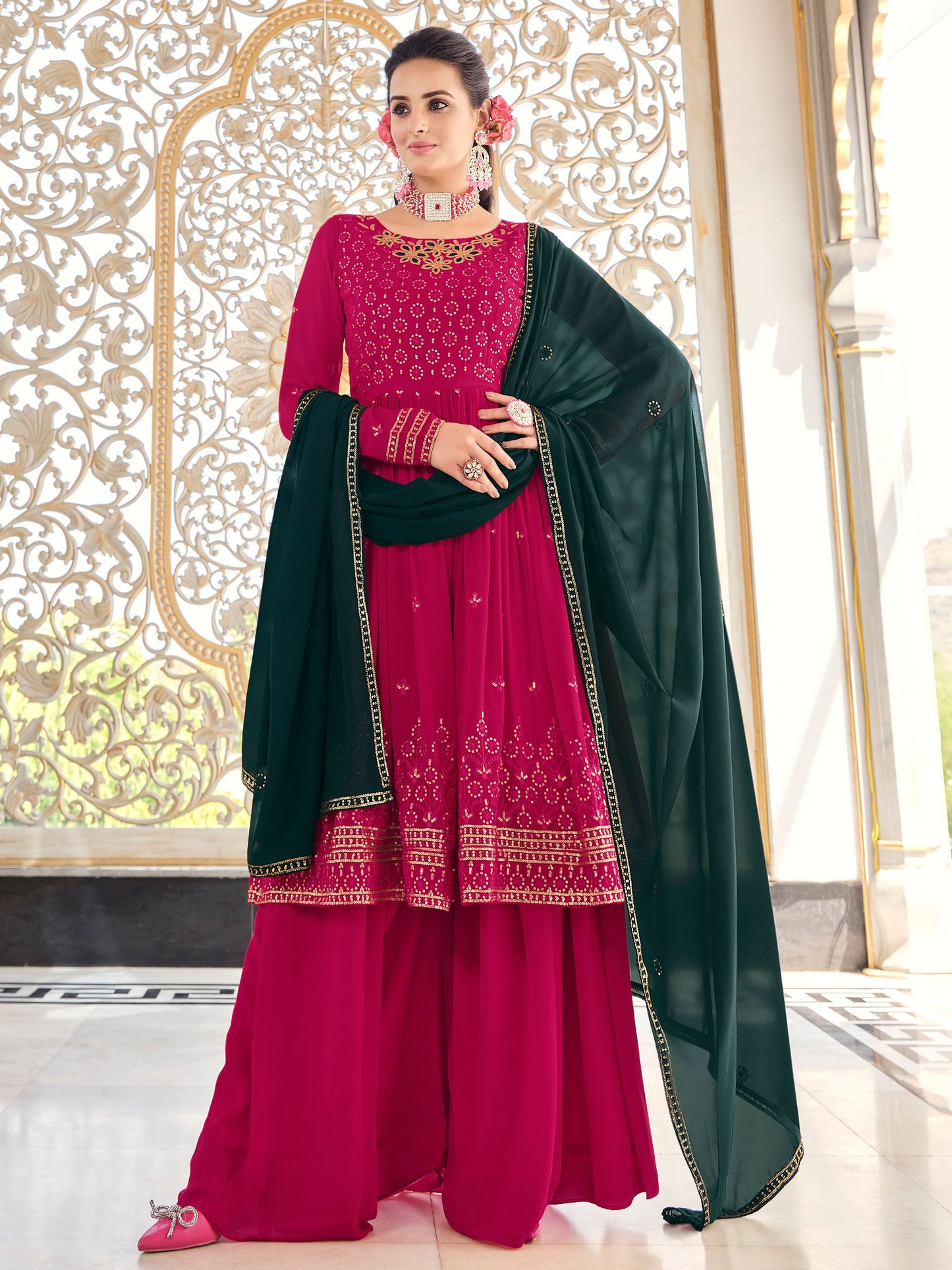 Rani Pink Thread Embroidery Georgette Sharara for Mehendi