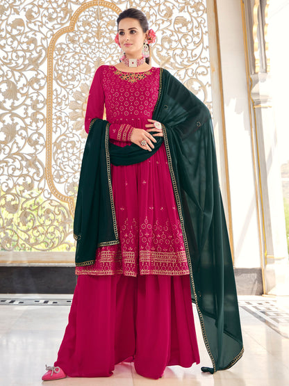 Rani Pink Thread Embroidery Georgette Sharara for Mehendi