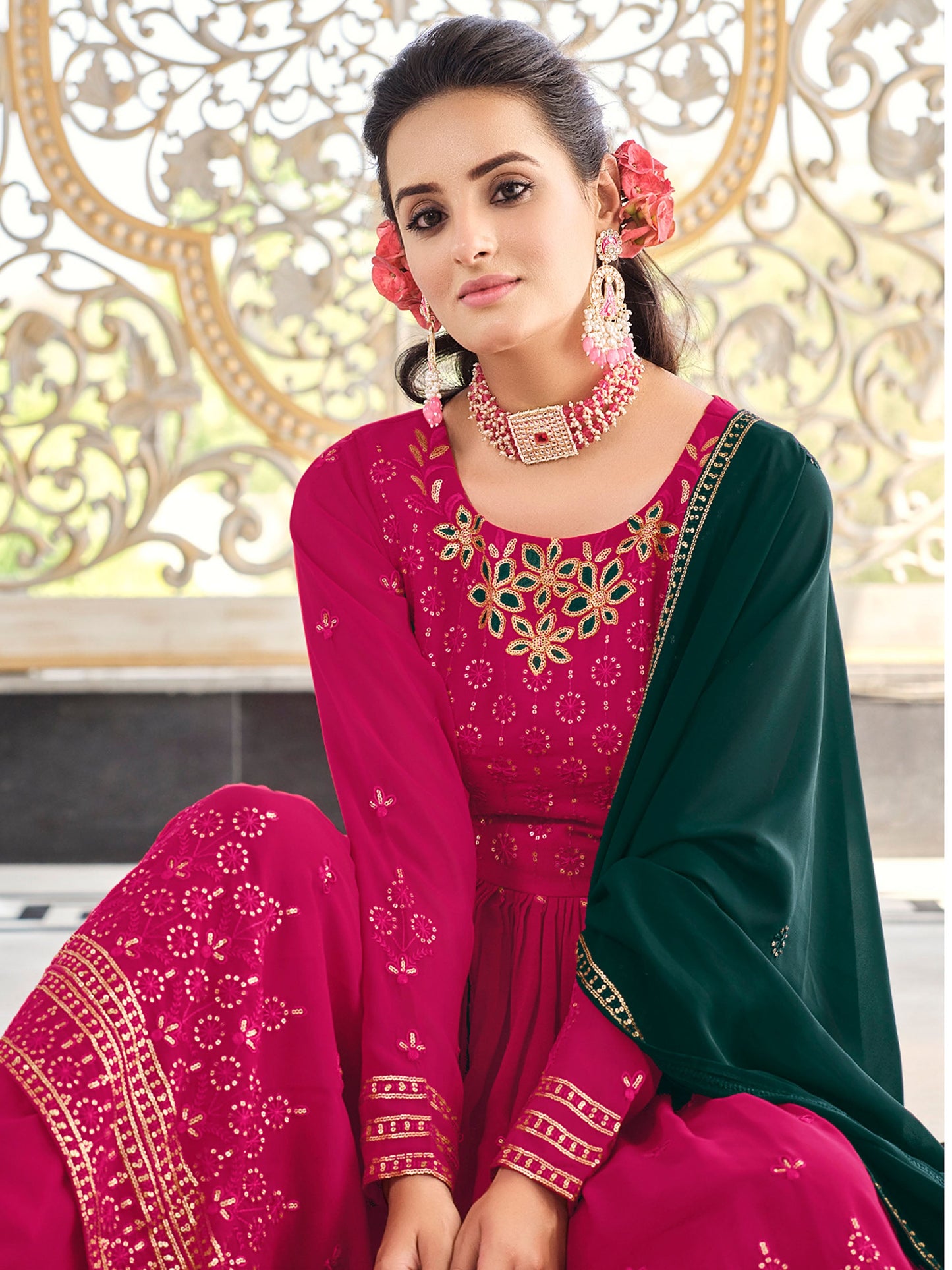 Rani Pink Thread Embroidery Georgette Sharara for Mehendi