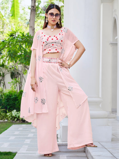 Pink Color Mirror Embroidery Georgette Palazzo