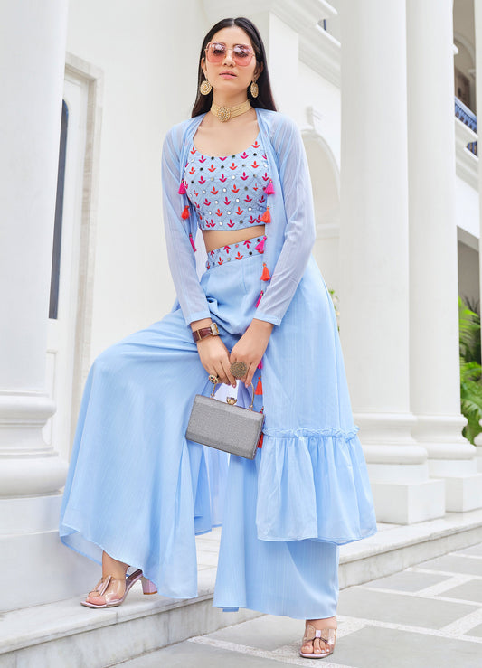Sky Blue Color Mirror Embroidery  Palazzo - Rent