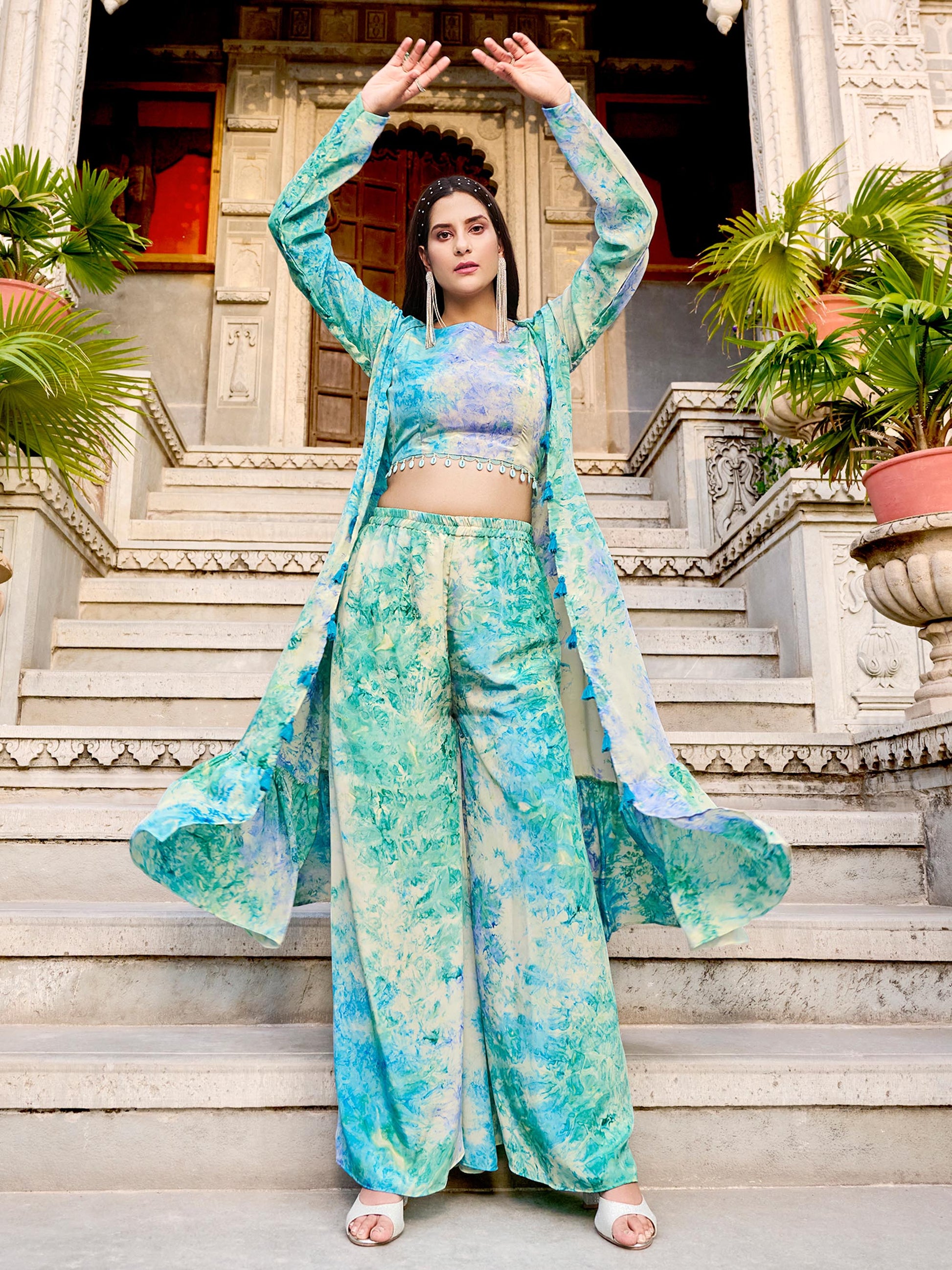 Sky Blue Digital Print Silk Koti Top Party Wear Palazzo