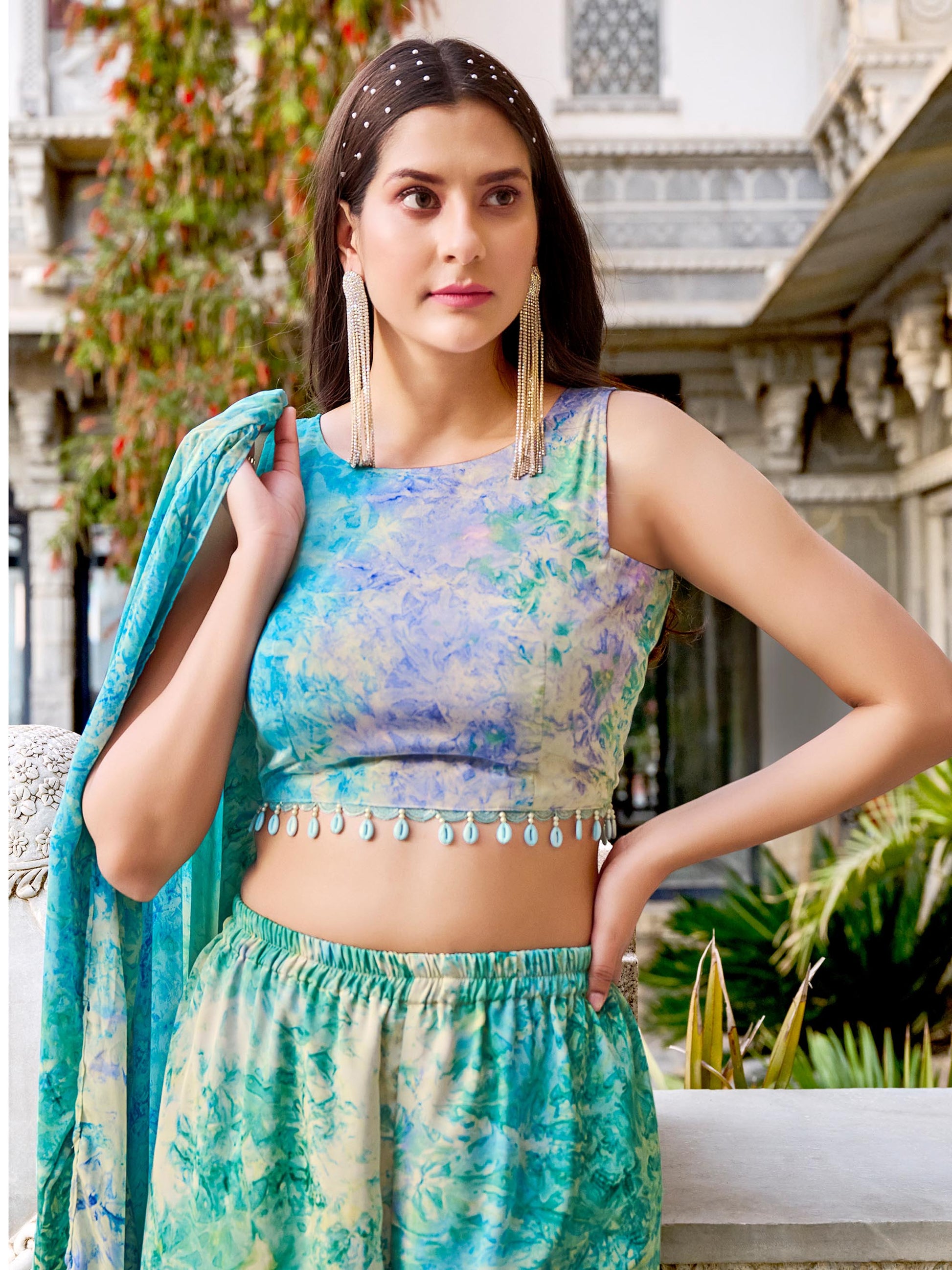 Sky Blue Digital Print Silk Koti Top Party Wear Palazzo