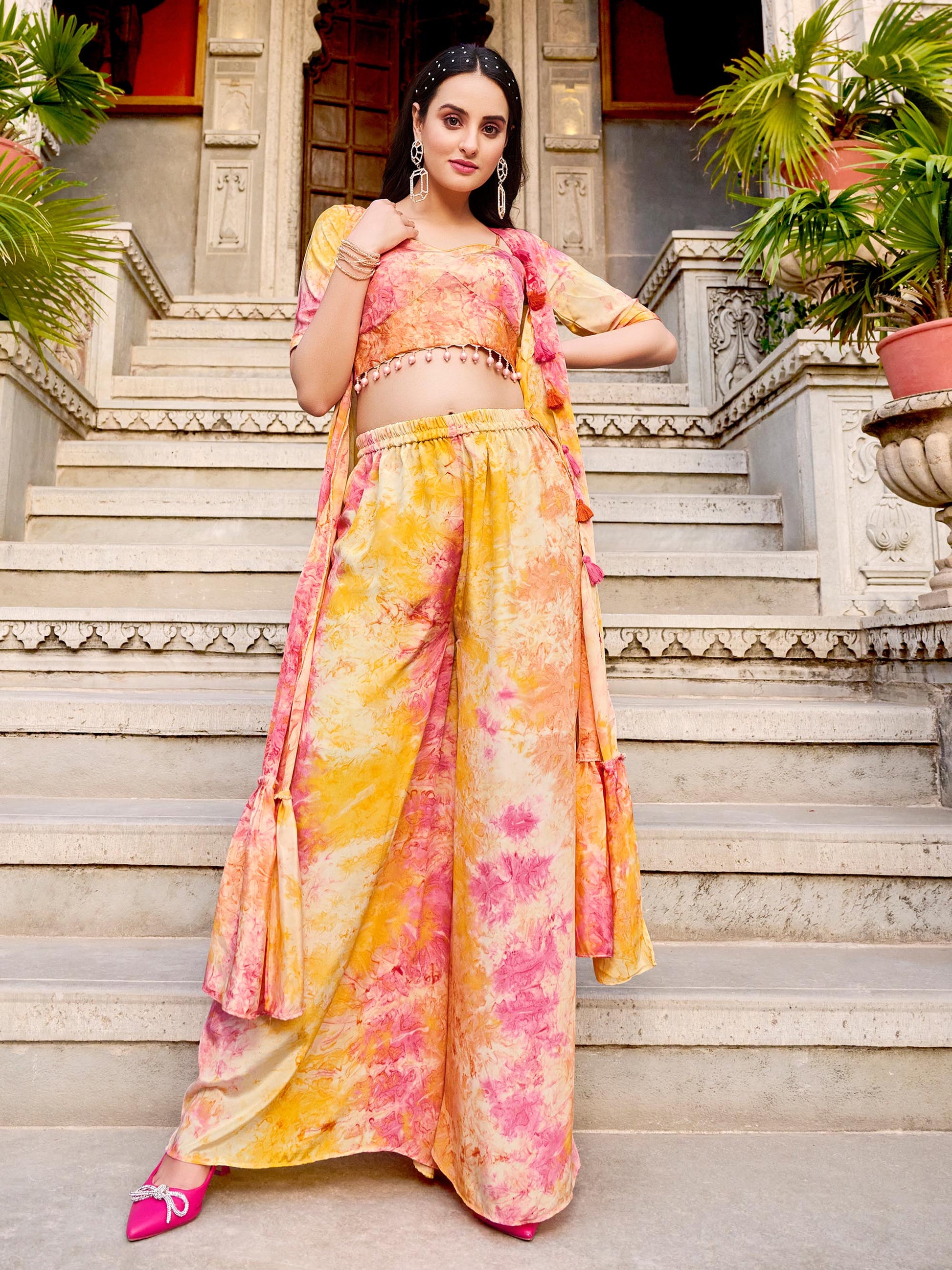 Yellow Digital Print Silk Koti Top Party Wear Palazzo