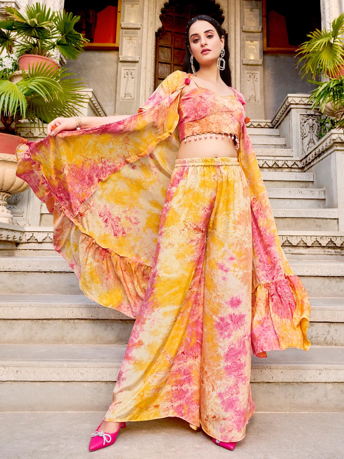 Yellow Digital Print Silk Koti Top Party Wear Palazzo