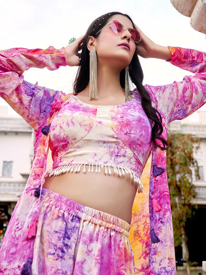 Purple Digital Print Silk Koti Top Party Wear Palazzo