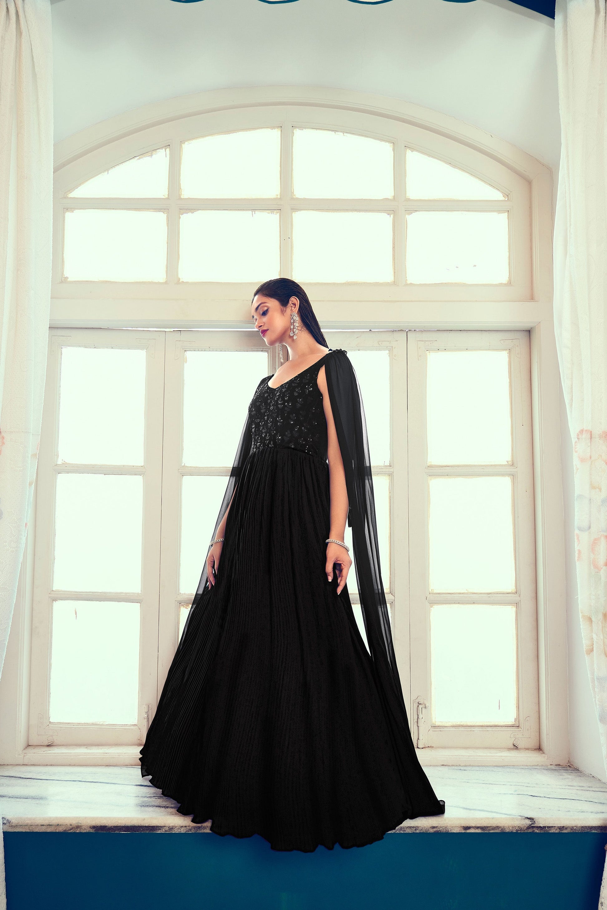 Black Georgette Sequins Work Cocktail Gown