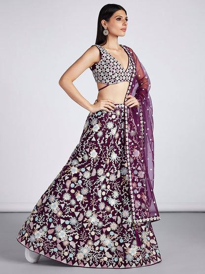 Burgundy Net heavy Sequins embroidery Lehenga