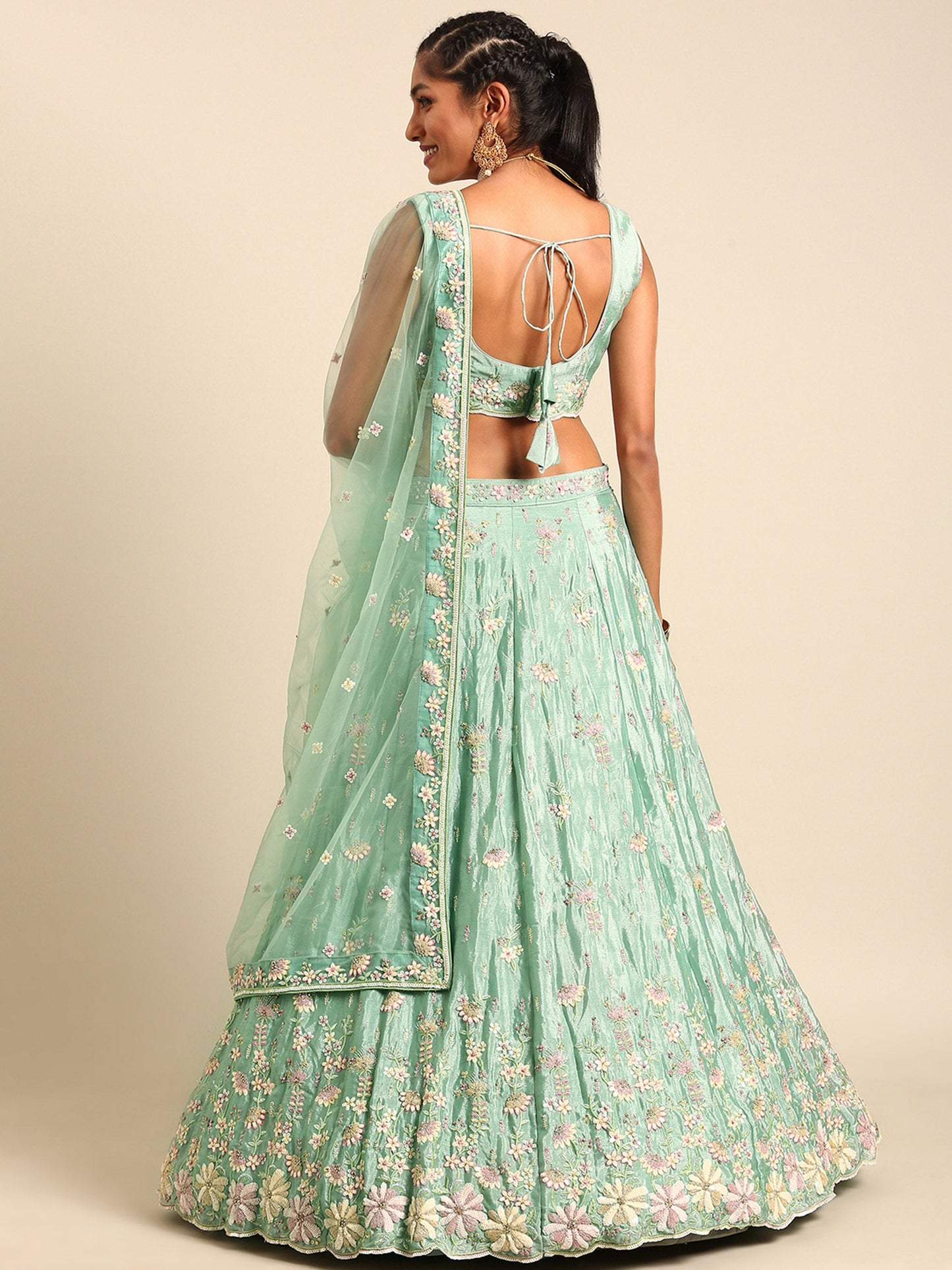 Sea Green Georgette Sequins Embroidery Lehenga