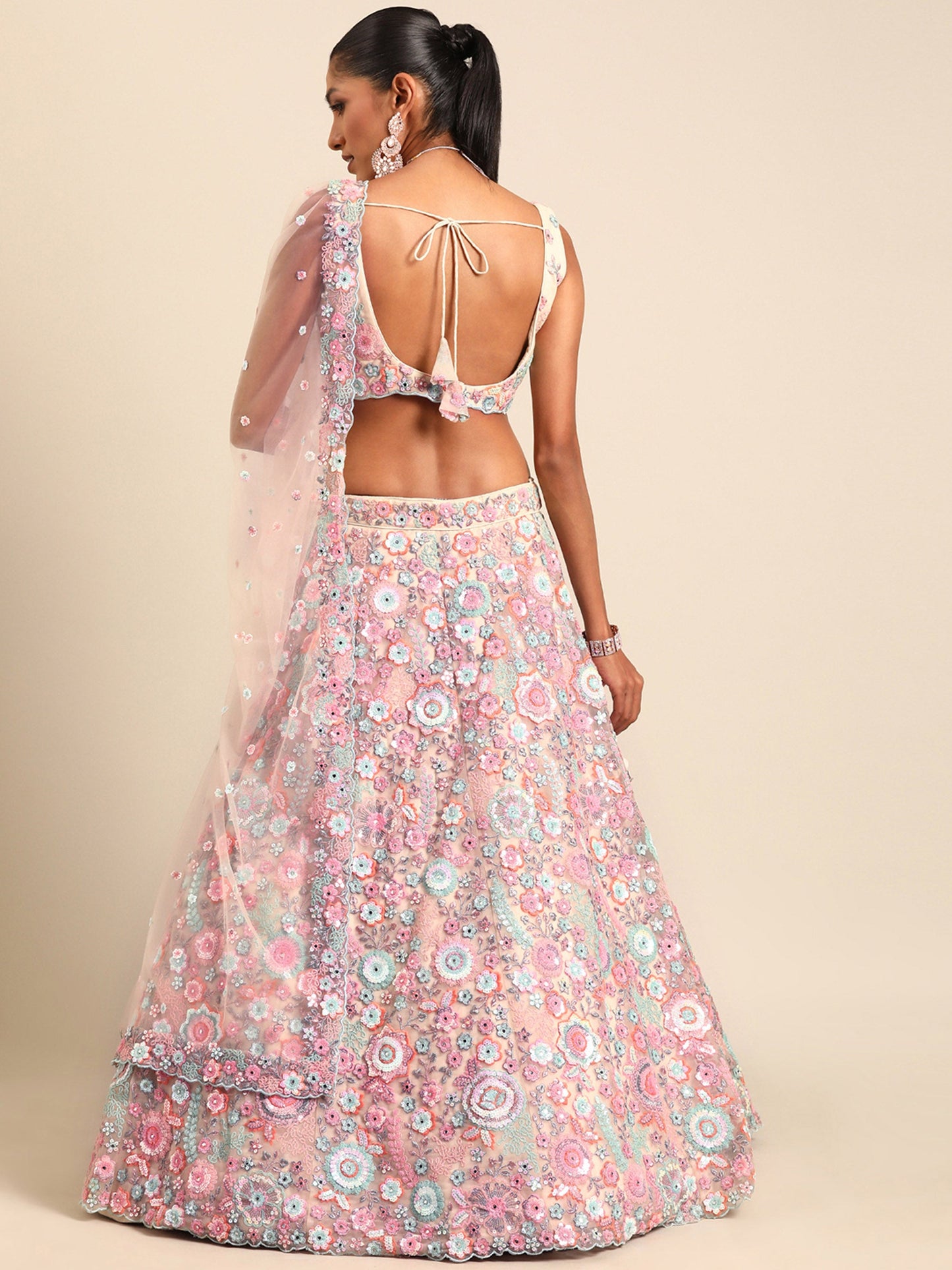 Cream Net Sequins, Mirror and thread embroidery Lehenga