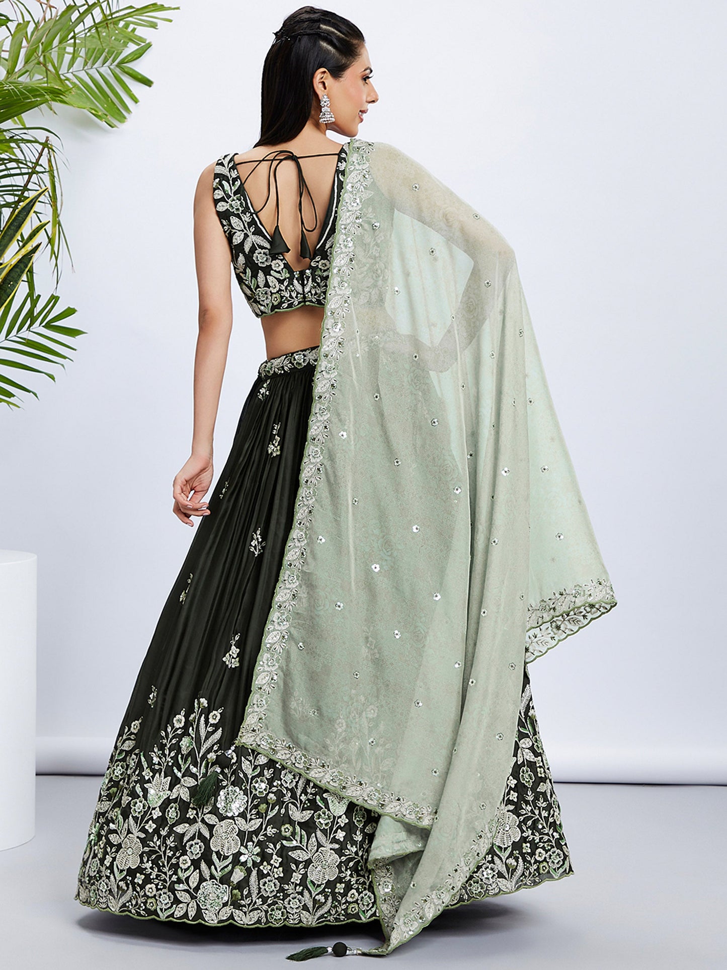 Olive Pure Georgette Sequins and thread embroidery Lehenga