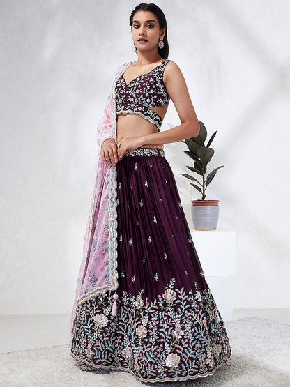 Burgundy Georgette Sequins, Mirror and thread embroidery Lehenga