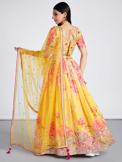 Yellow colour Organza Floral design digital print Lehenga choli