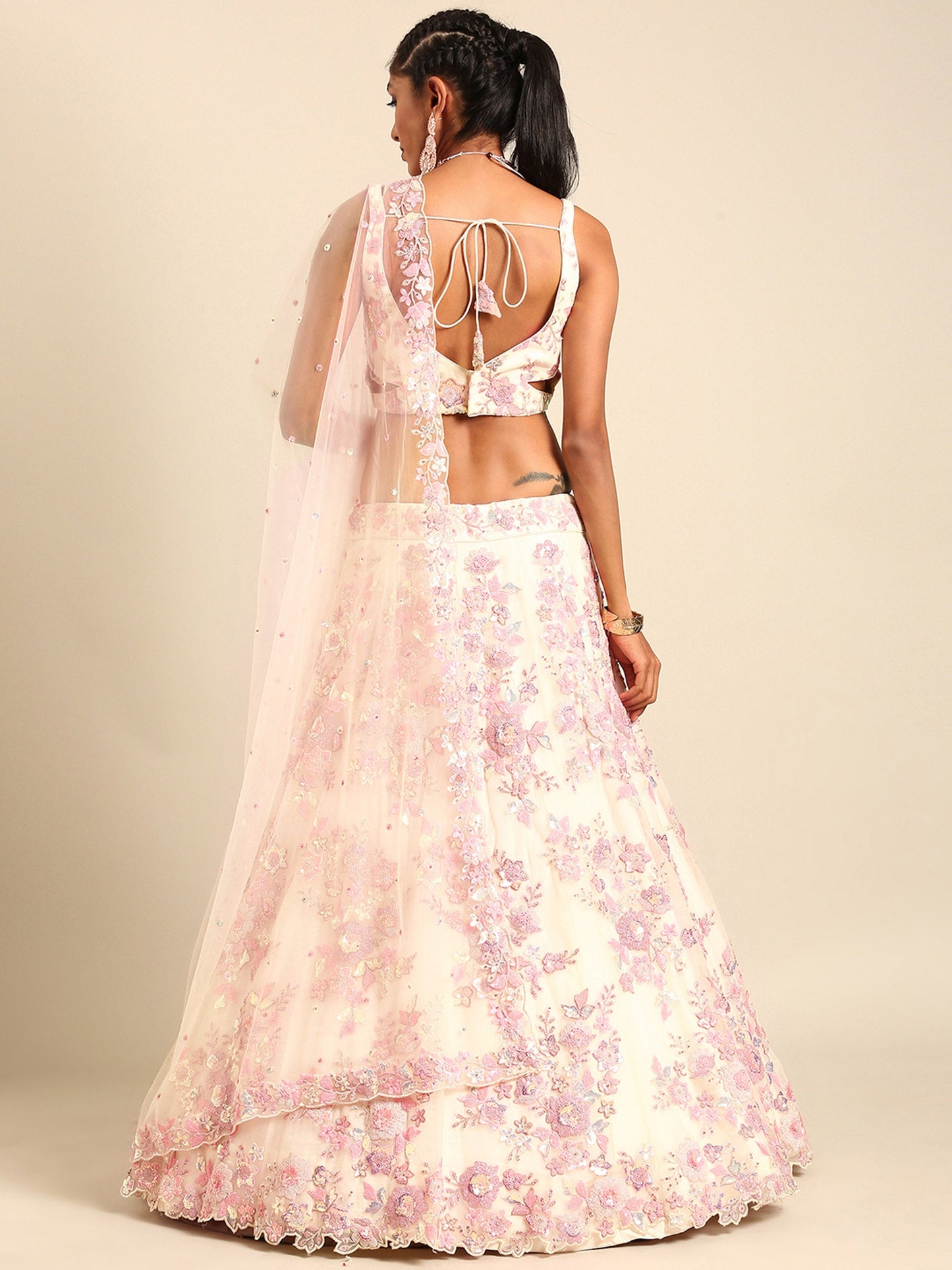 Cream Net Sequins with heavy Zarkan embroidery Lehenga