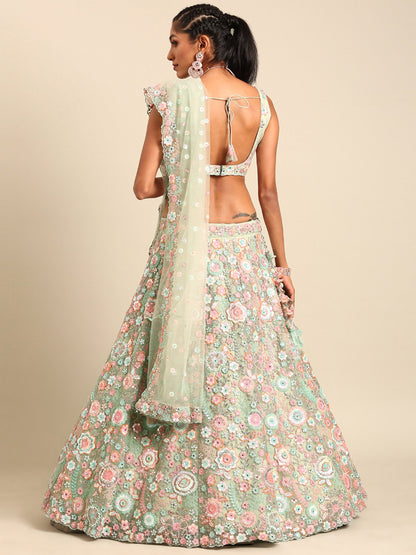 Lime Green Net Sequins, Mirror and thread embroidery Lehenga