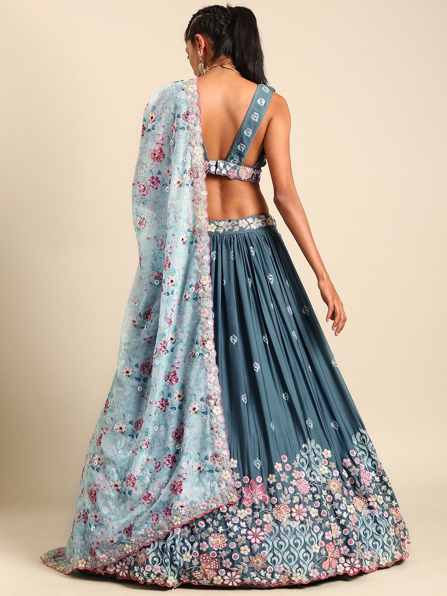 Teal Blue Chinon Sequins embroidery Lehenga