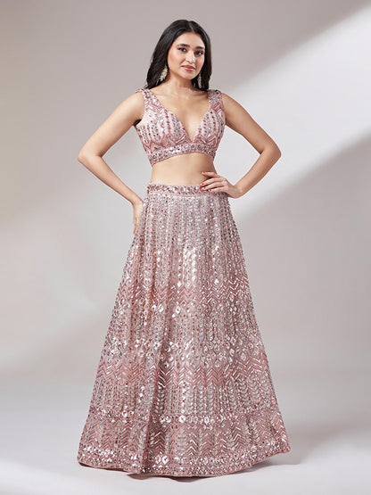 Rose Gold Net Mirror & Sequinse embroidery Lehenga