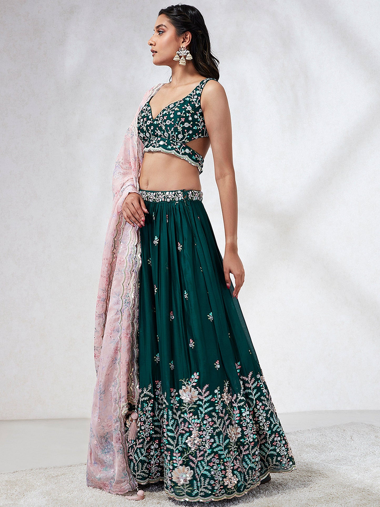 Teal - Georgette Sequins, Mirror and thread embroidery Lehenga choli