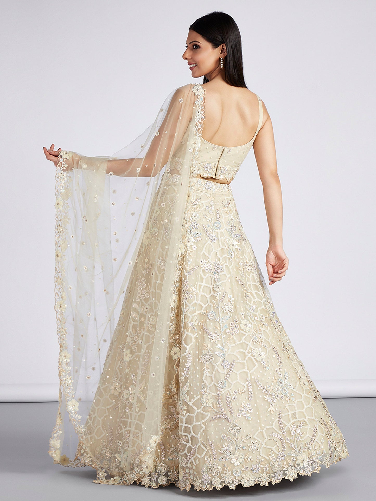 Cream Net Sequins & Zarkan Work Lehenga