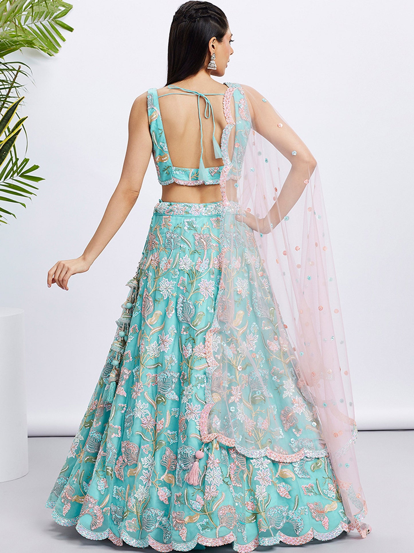 Turquoise blue Net Sequins and thread embroidery Lehenga