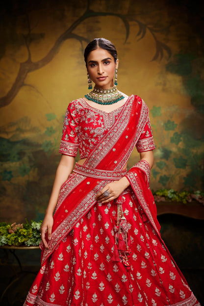 Red Pure Silk Moti & Zarkan heavy embroidery Lehenga