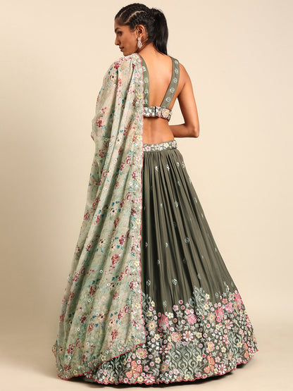 Olive Chinon Sequins embroidery Lehenga