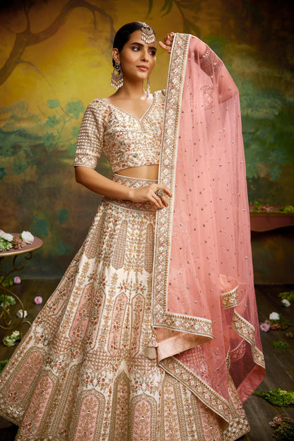 Off White Pure Silk Moti & Zarkan heavy embroidery Lehenga