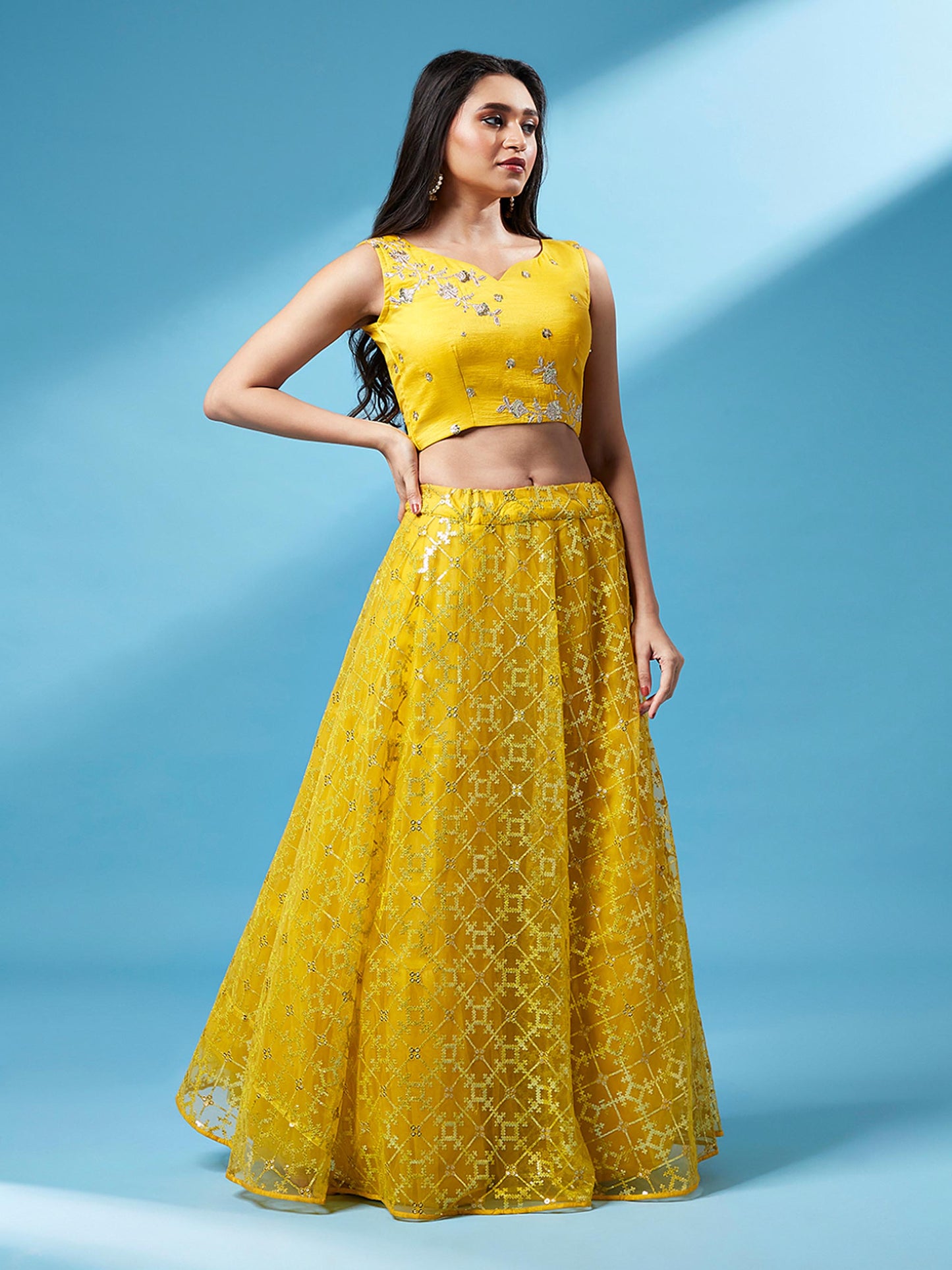 Mustard Net Sequinse Work Lehenga