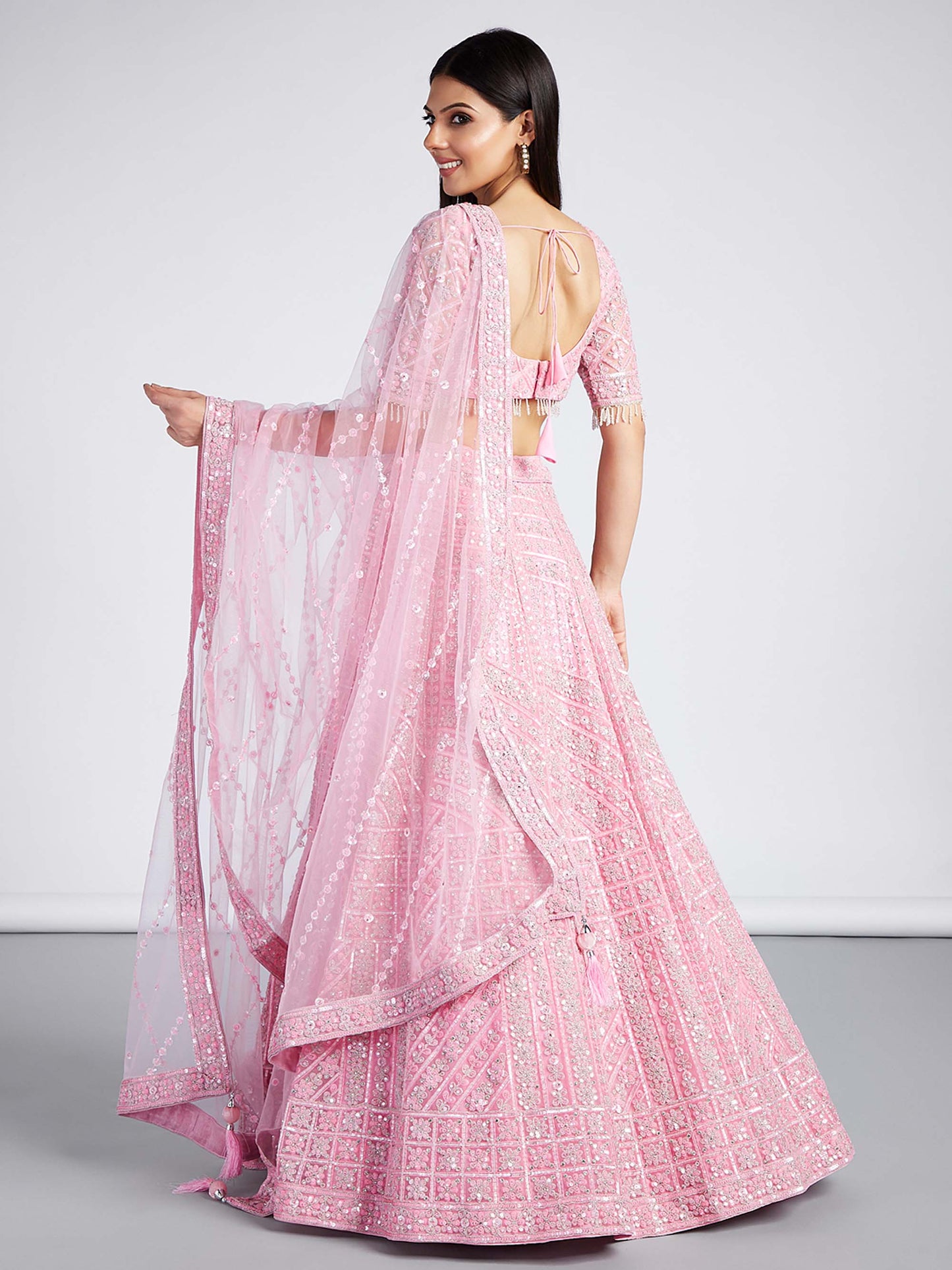 Pink Net Sequins, Zarkan and thread embroidery Lehenga choli & Dupatta