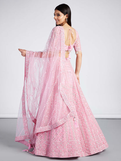 Pink Net Sequins, Zarkan and thread embroidery Lehenga choli & Dupatta