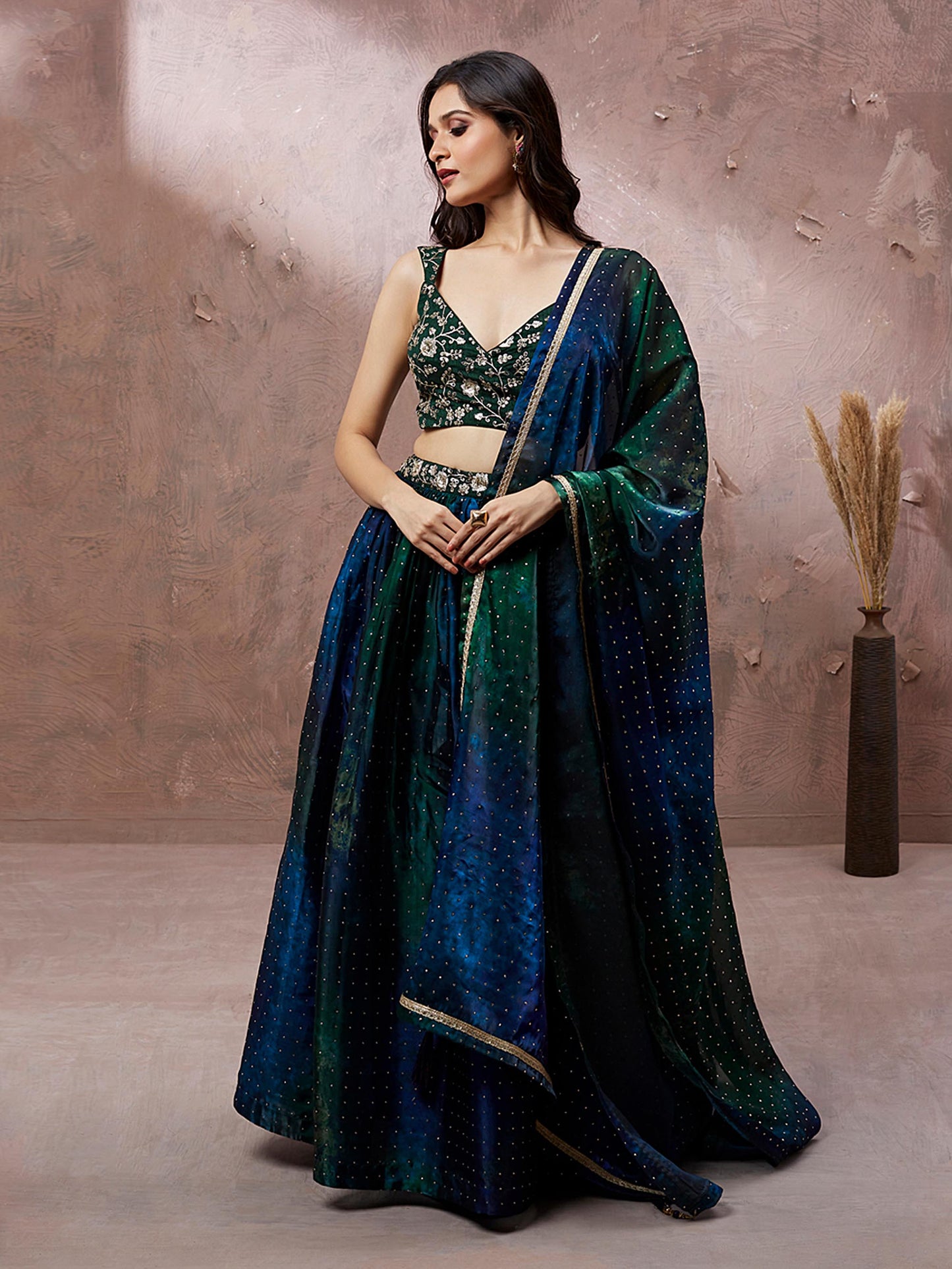 Teal Organza Digital Shibori Printed Lehenga