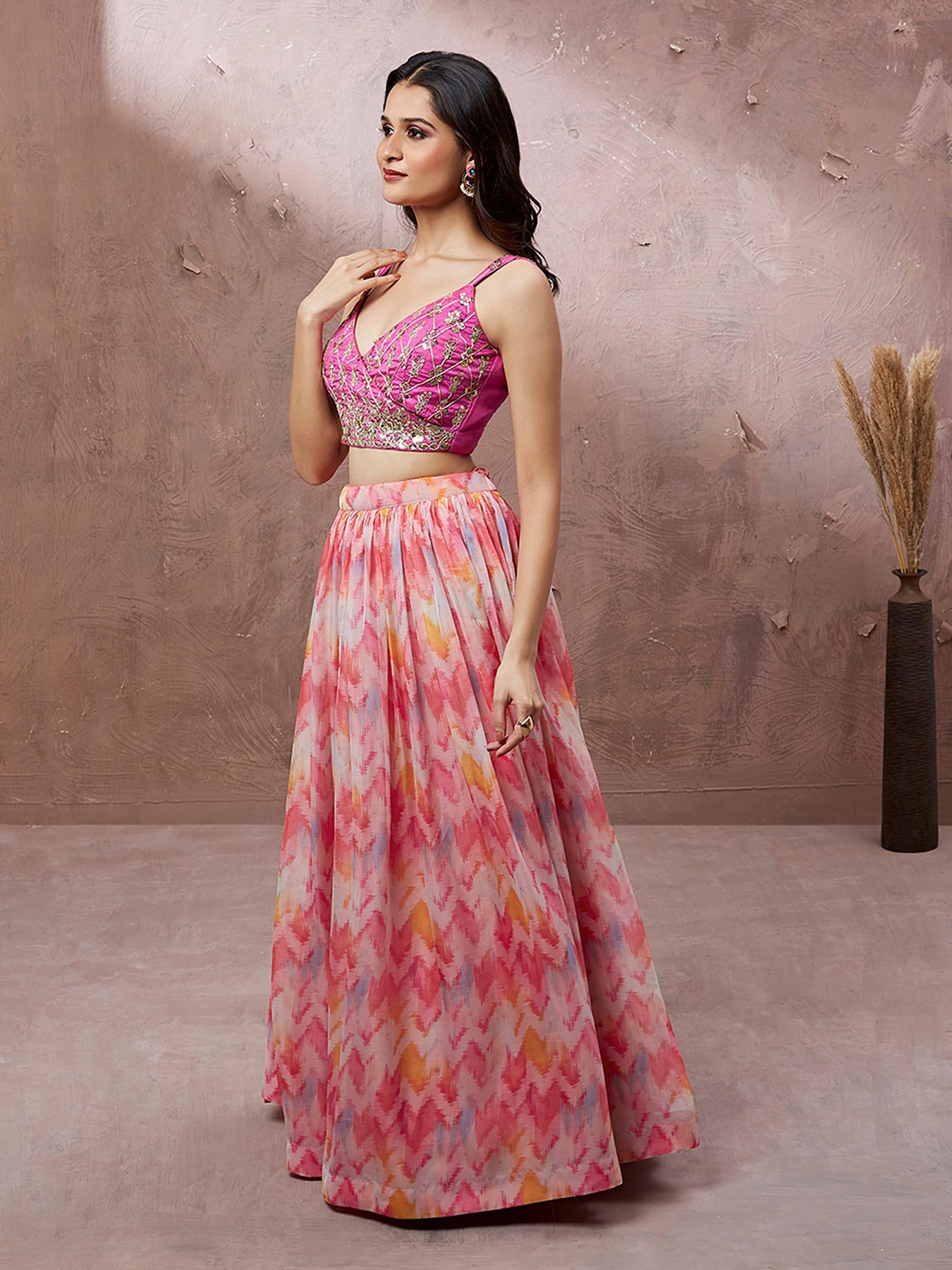 Pink Organza Floral Printed Lehenga choli & Dupatta