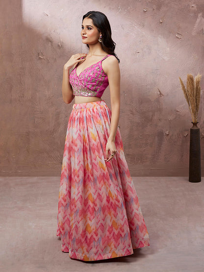 Pink Organza Floral Printed Lehenga choli & Dupatta