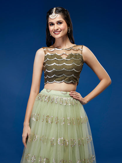 Lime Green Net Embroideried Round Sequins Lehenga