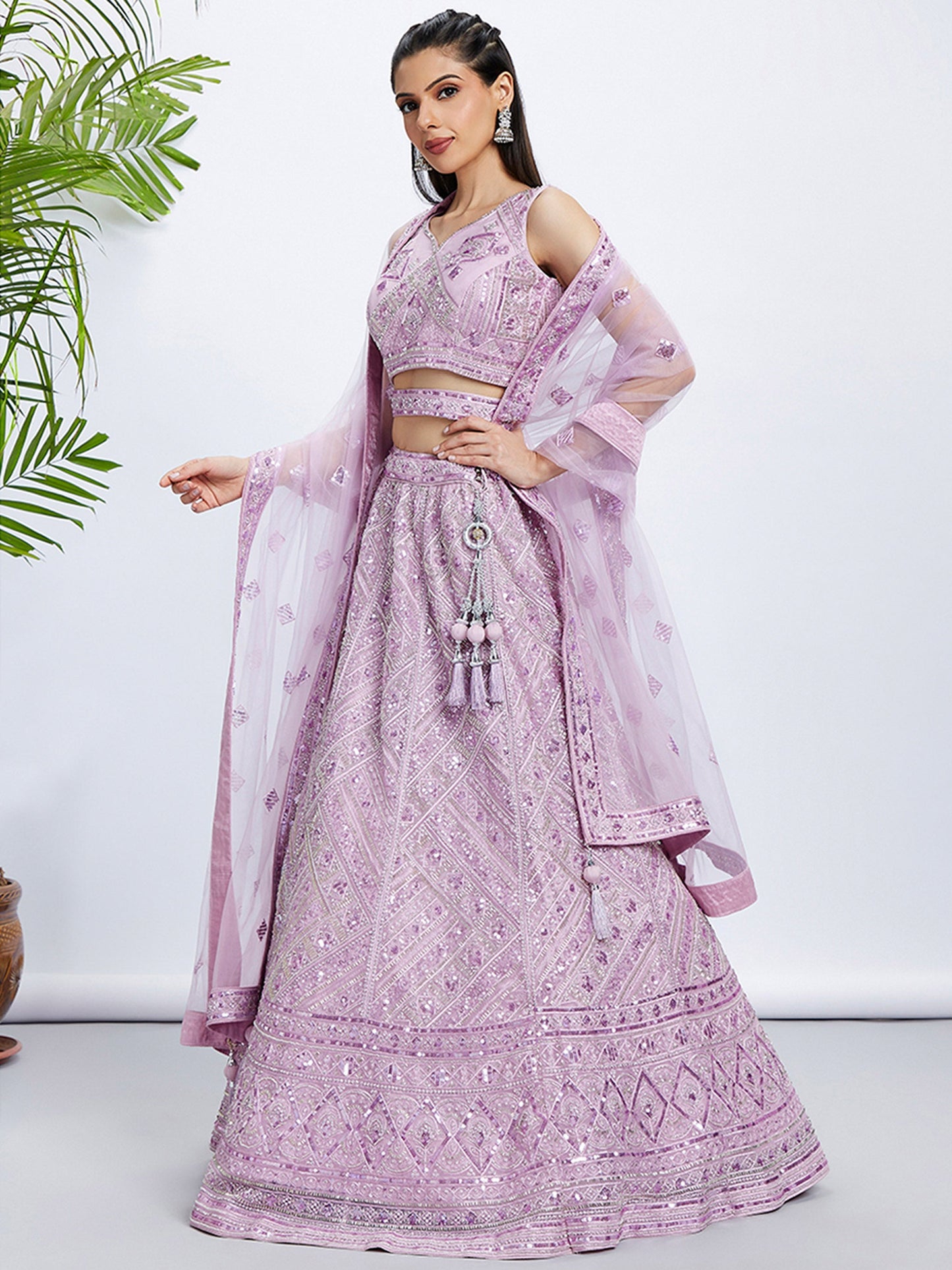 Lavender Net Cutdana, Sequins and Zarkan embroidery Lehenga