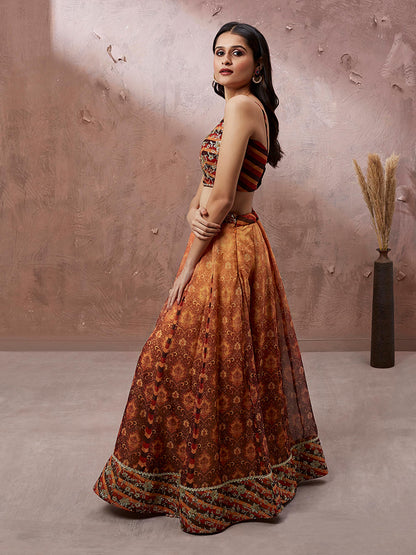 Brown Organza Floral Print and sequinse work Lehenga