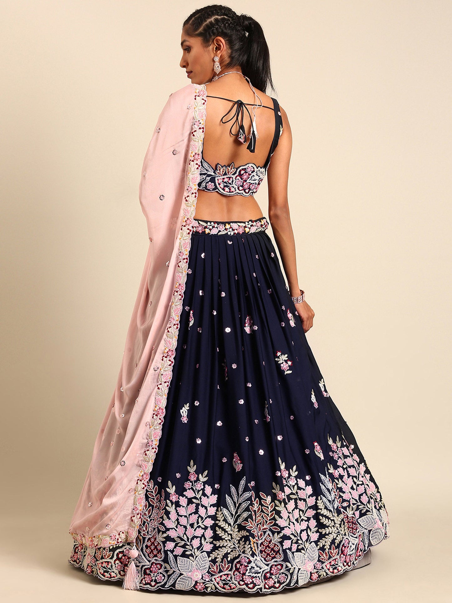 Navy blue Georgette Sequin-Thread embroidery Lehenga