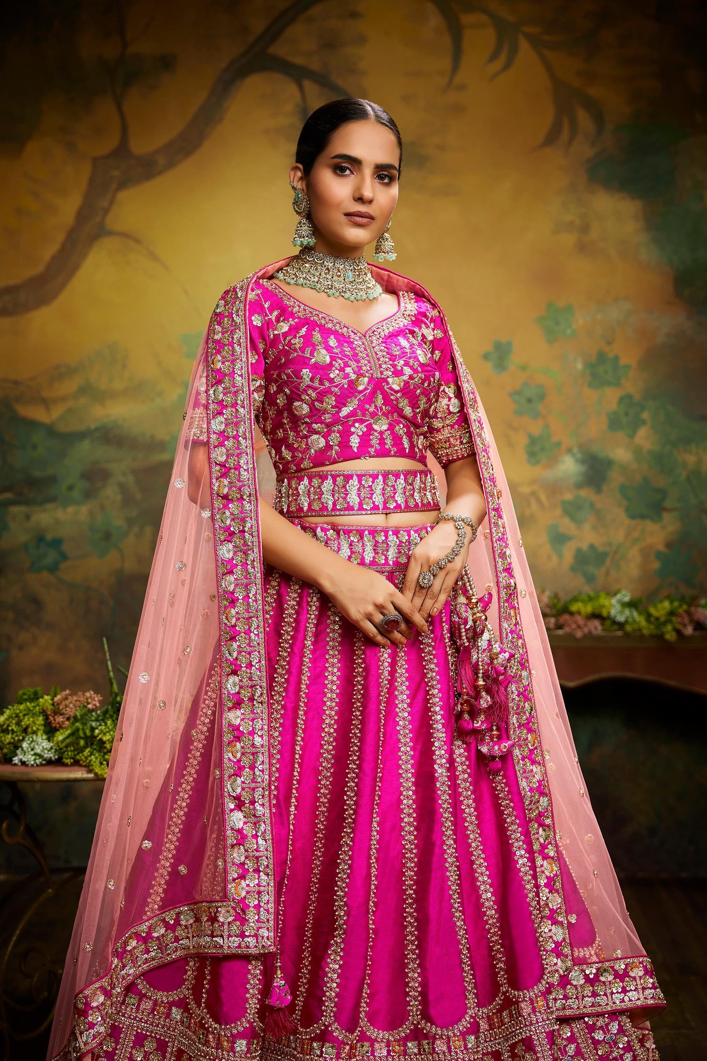 Pink Pure Silk Moti & Zarkan heavy embroidery Lehenga