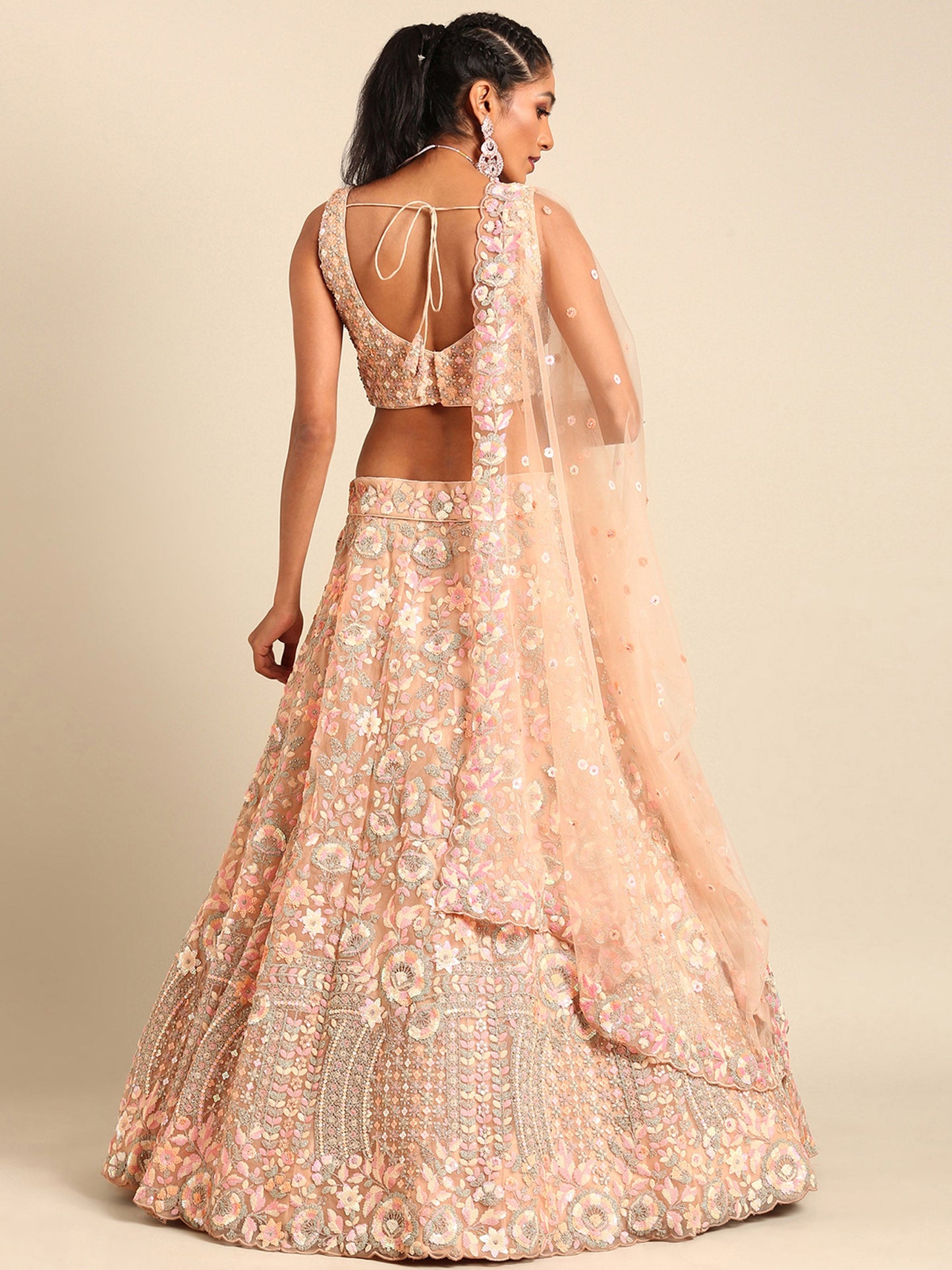 Peach Net Multi Sequins & Zarkan embroidery Lehenga choli