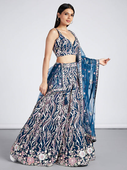 Navy blue Net Sequins and thread embroidery Lehenga choli & Dupatta