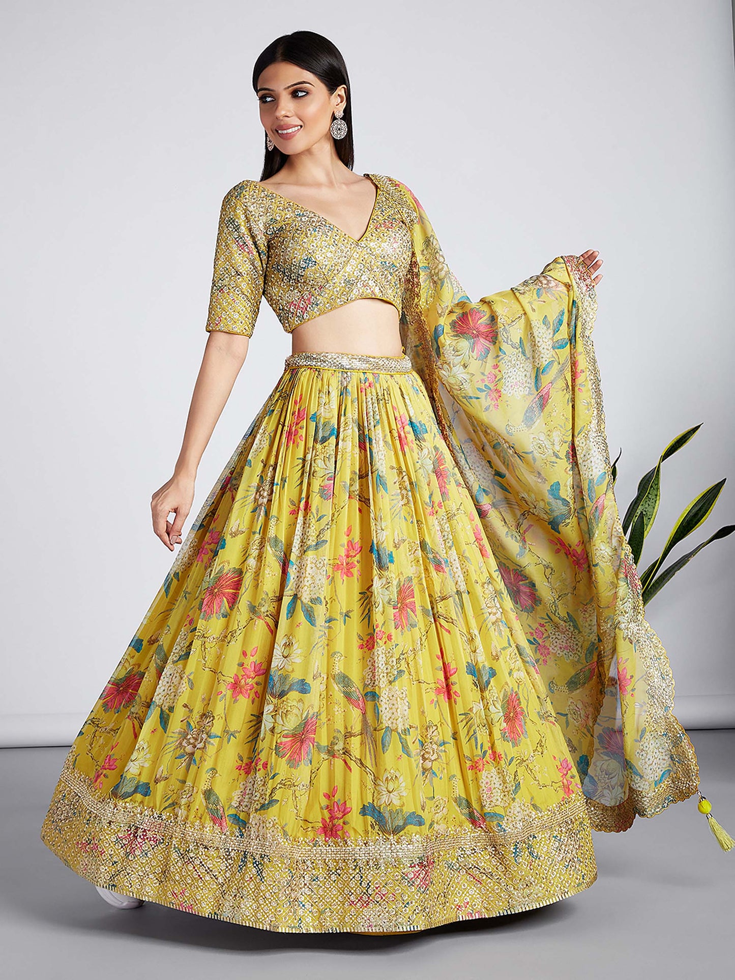 Mustard colour Organza Floral design digital print Lehenga