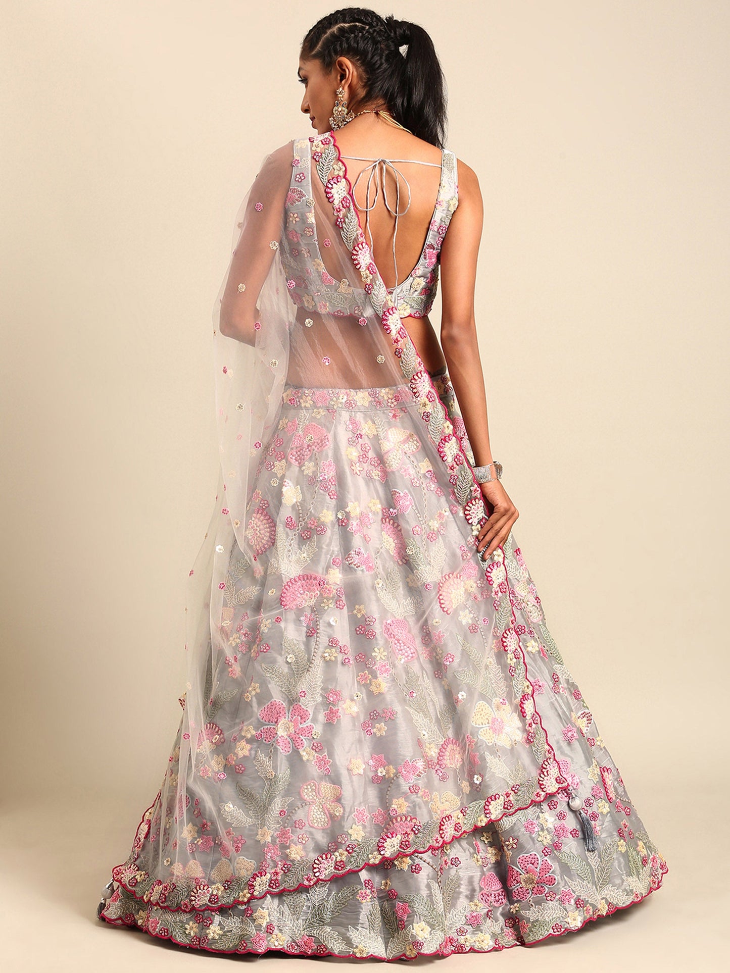 Grey Organza Sequins and Zarkan embroidery Lehenga