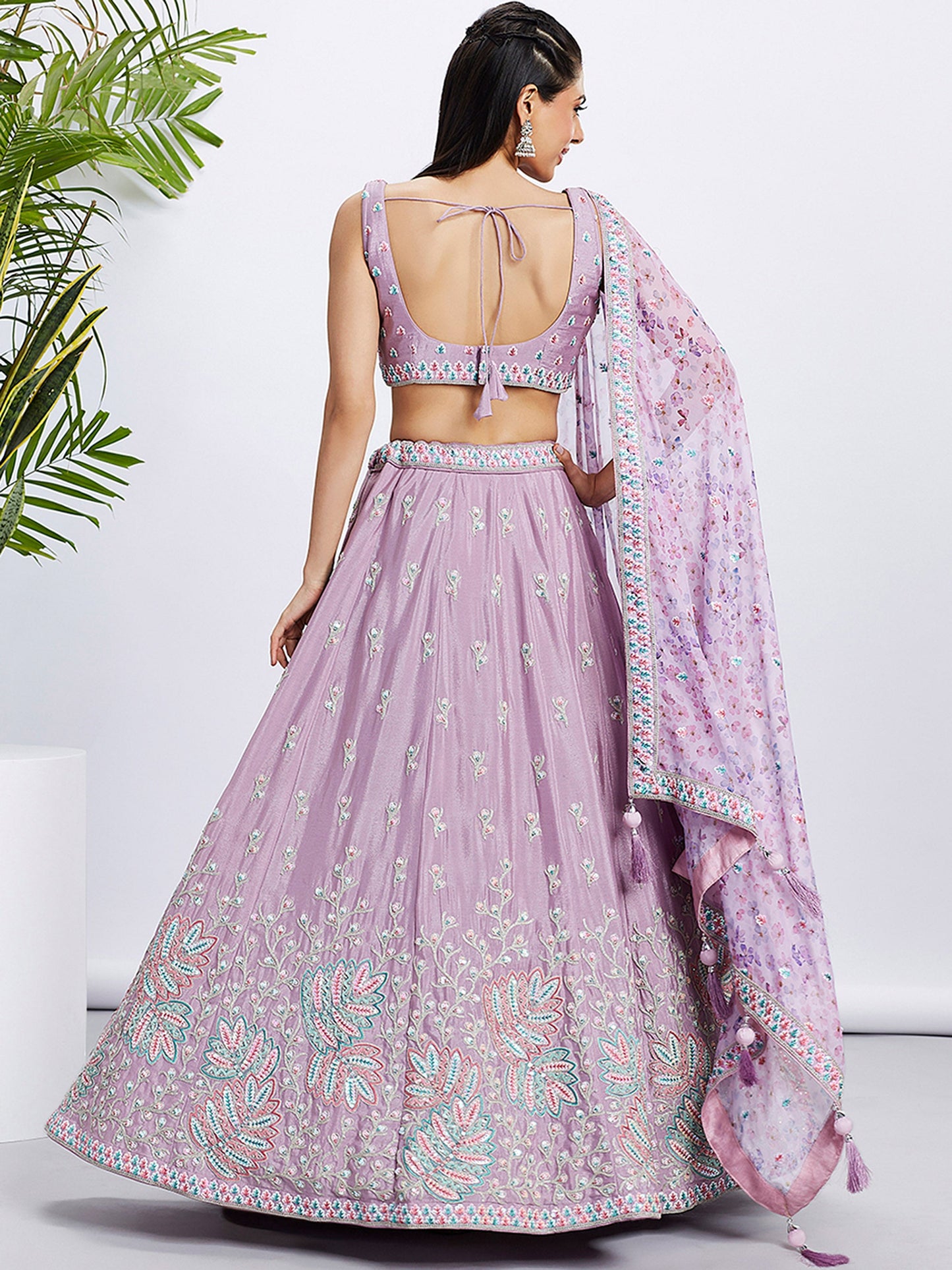 Lavender Pure Chiffon Sequins and thread embroidery Lehenga